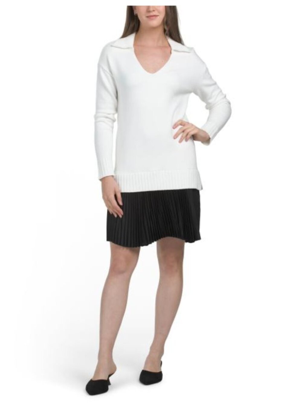 NWT Ellen Tracy collard sweater twofer pleat detail mini dress White/Black